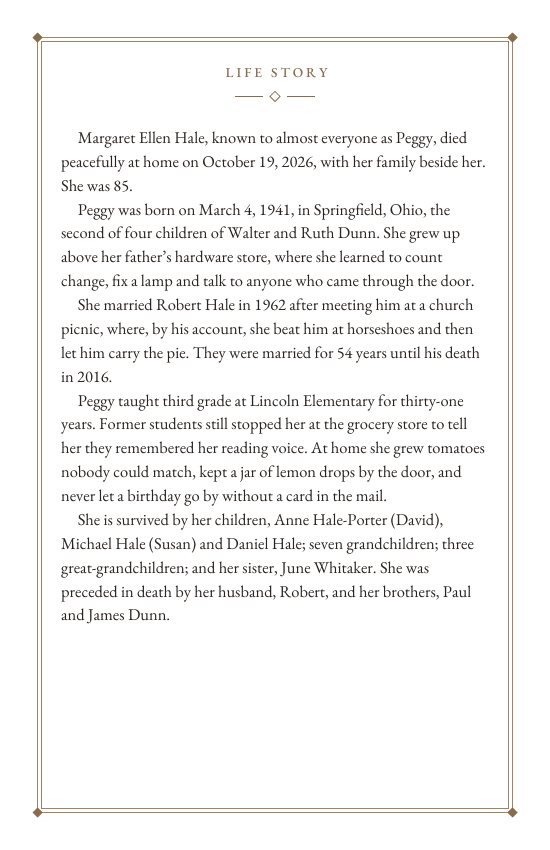 Inside left page: the life story